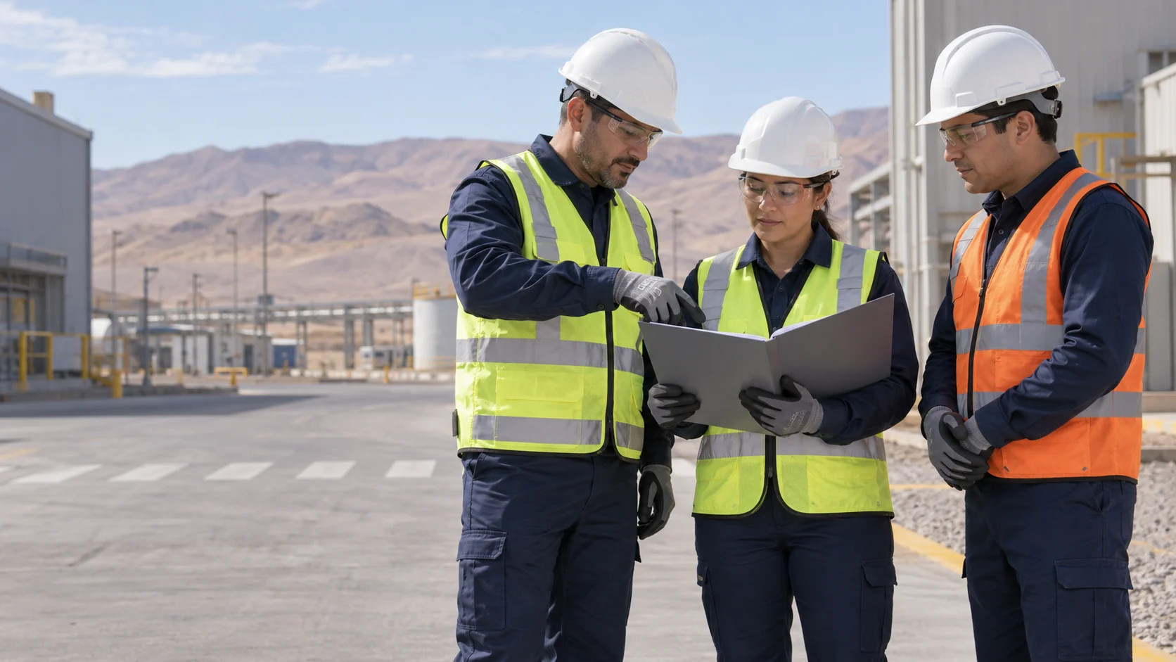 Equipo profesional con cascos, gafas y guantes de protección; imagen referencial generada con IA