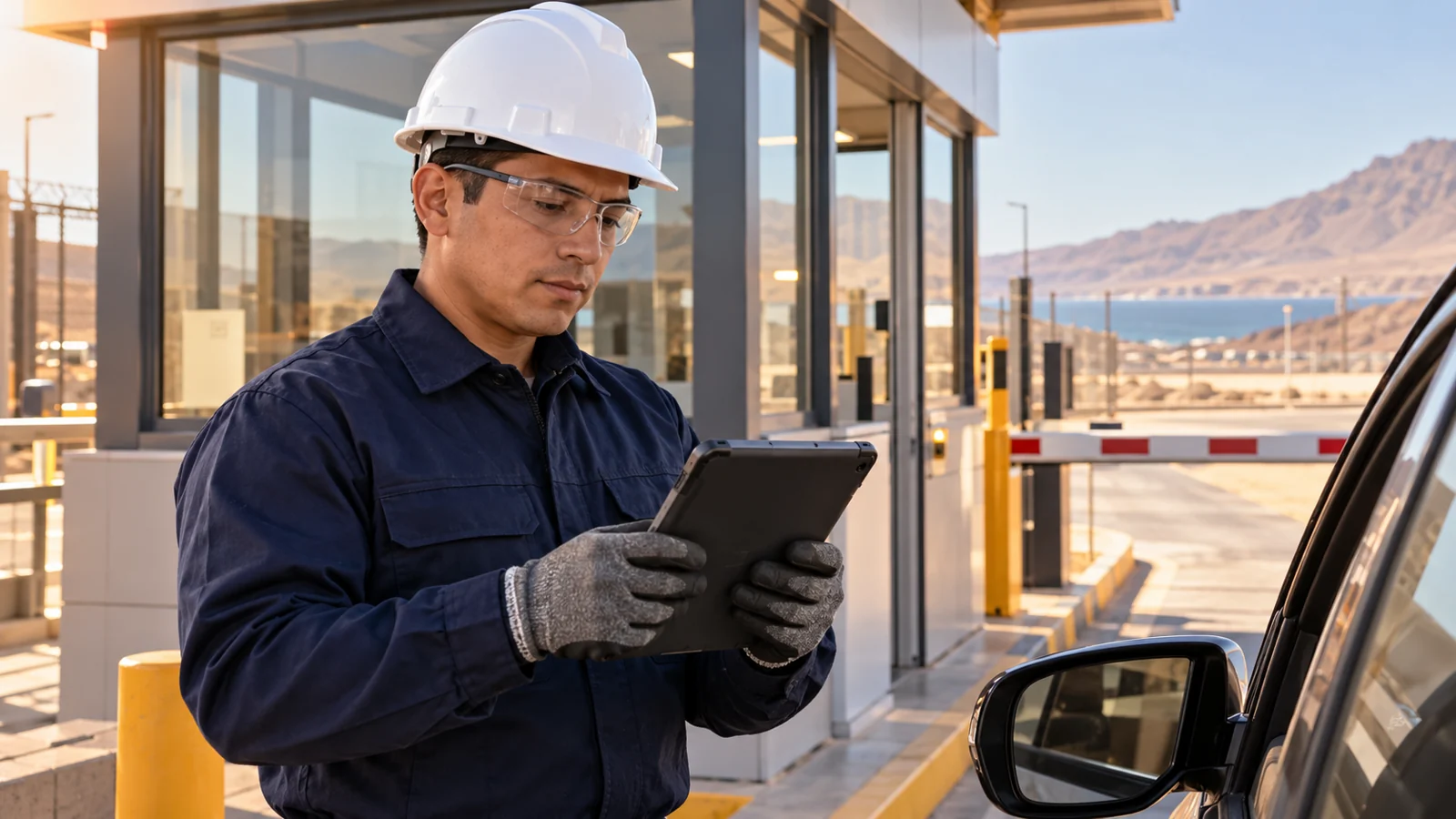 Profesional de seguridad con casco, gafas y guantes; imagen referencial generada con IA